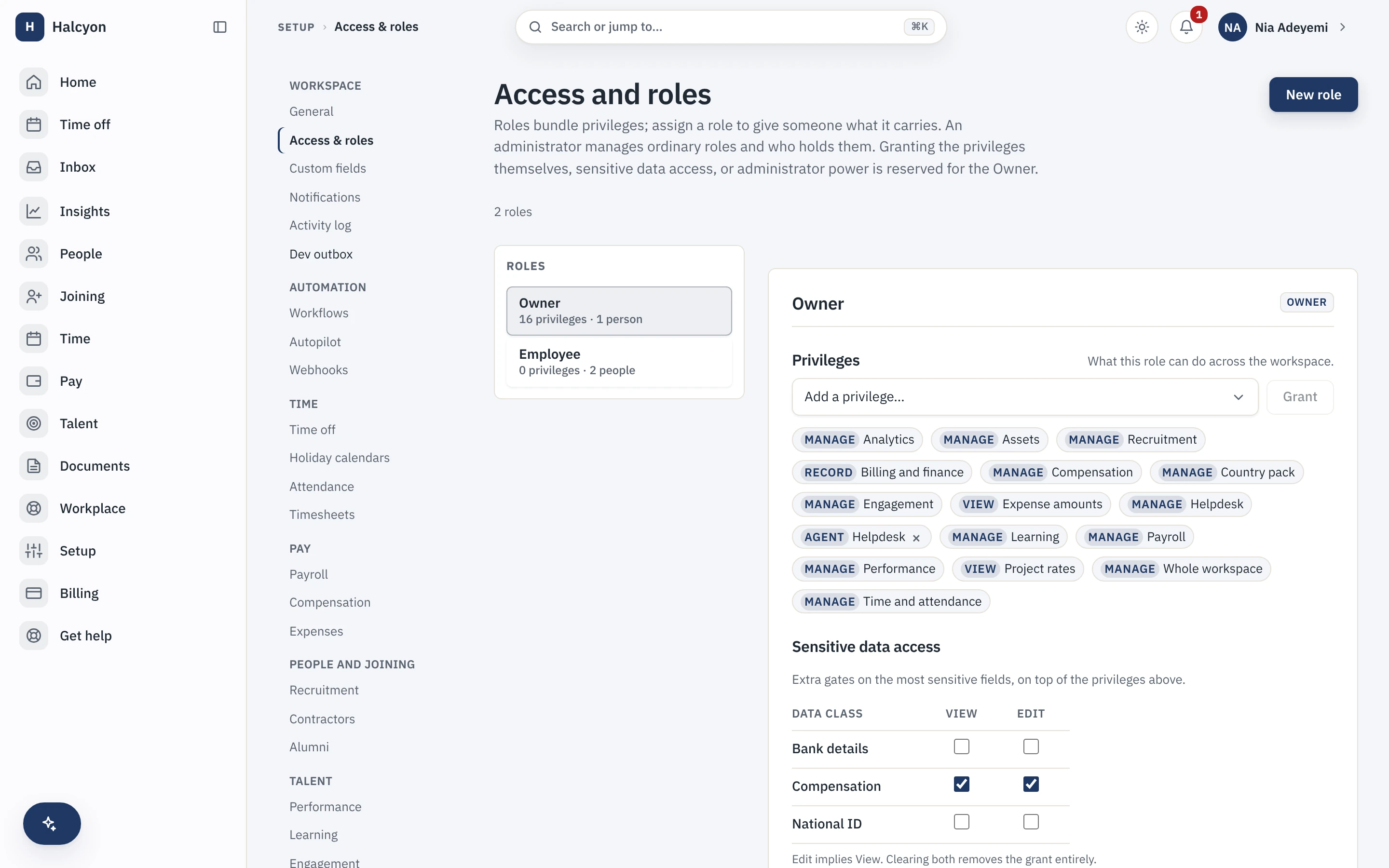 The access and roles screen: roles with the privileges each one carries, and a separate grid of sensitive data classes with view and edit gates