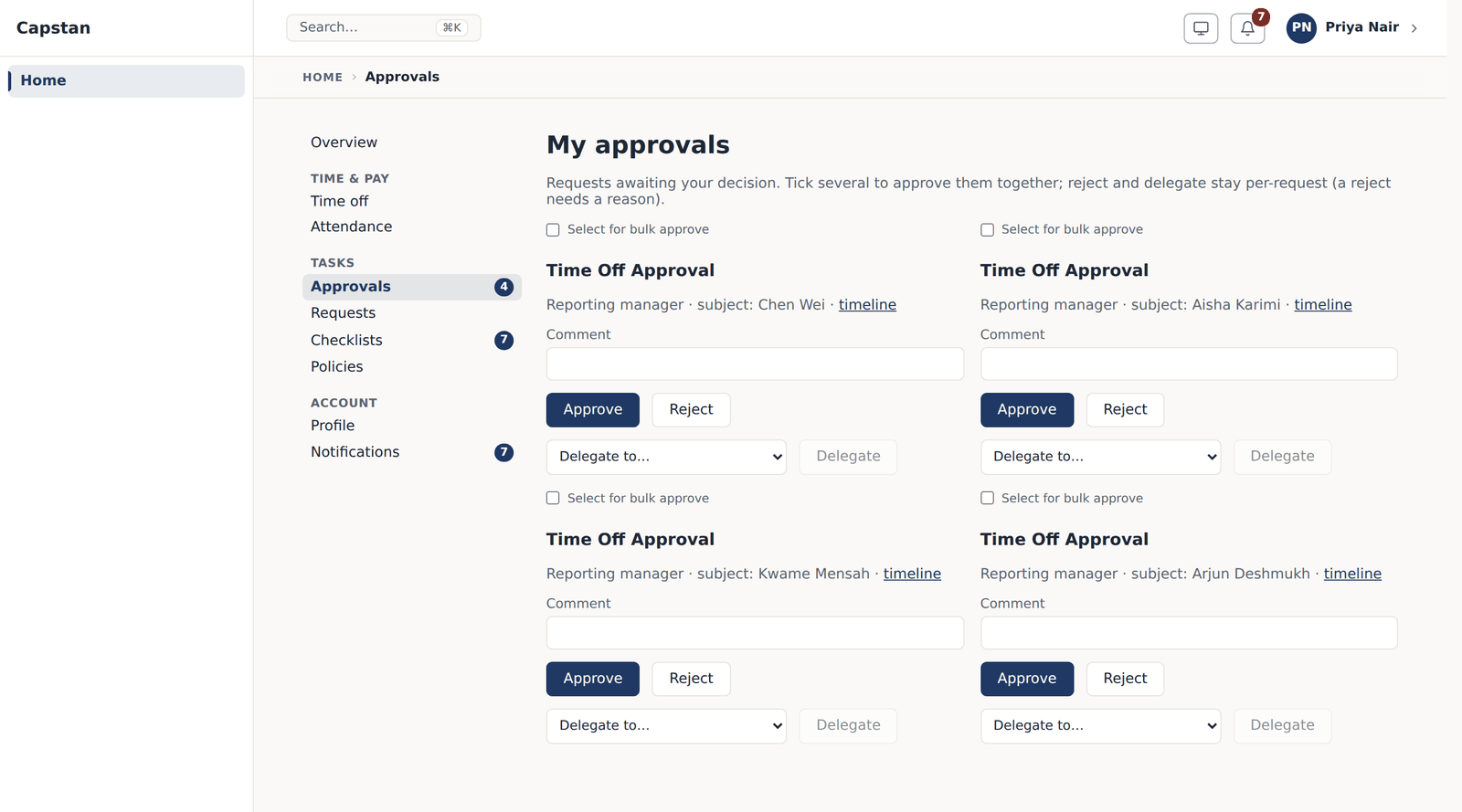 The approvals inbox, showing what is waiting on you and what it is for