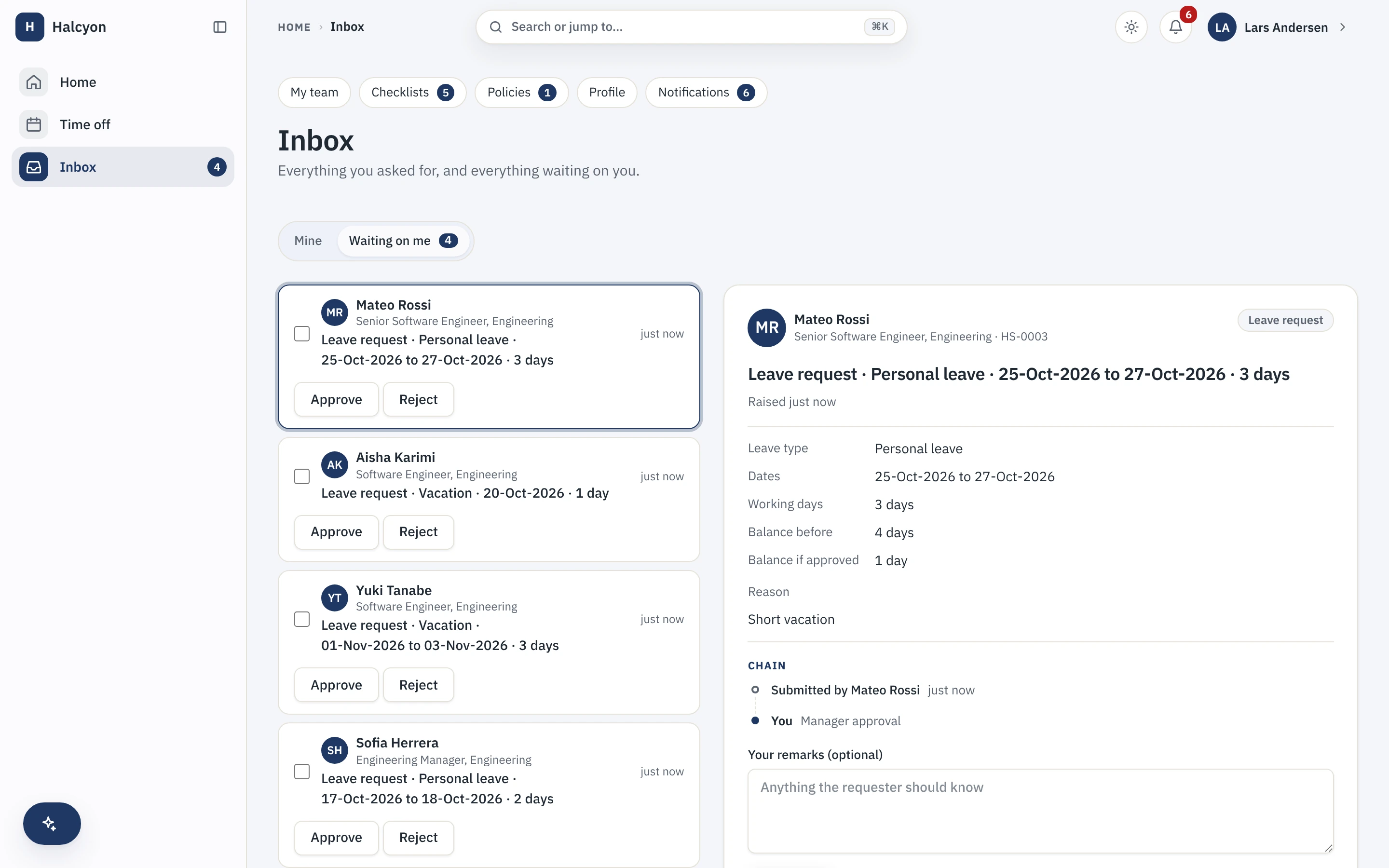 The approvals inbox, showing what is waiting on you and what each request is for