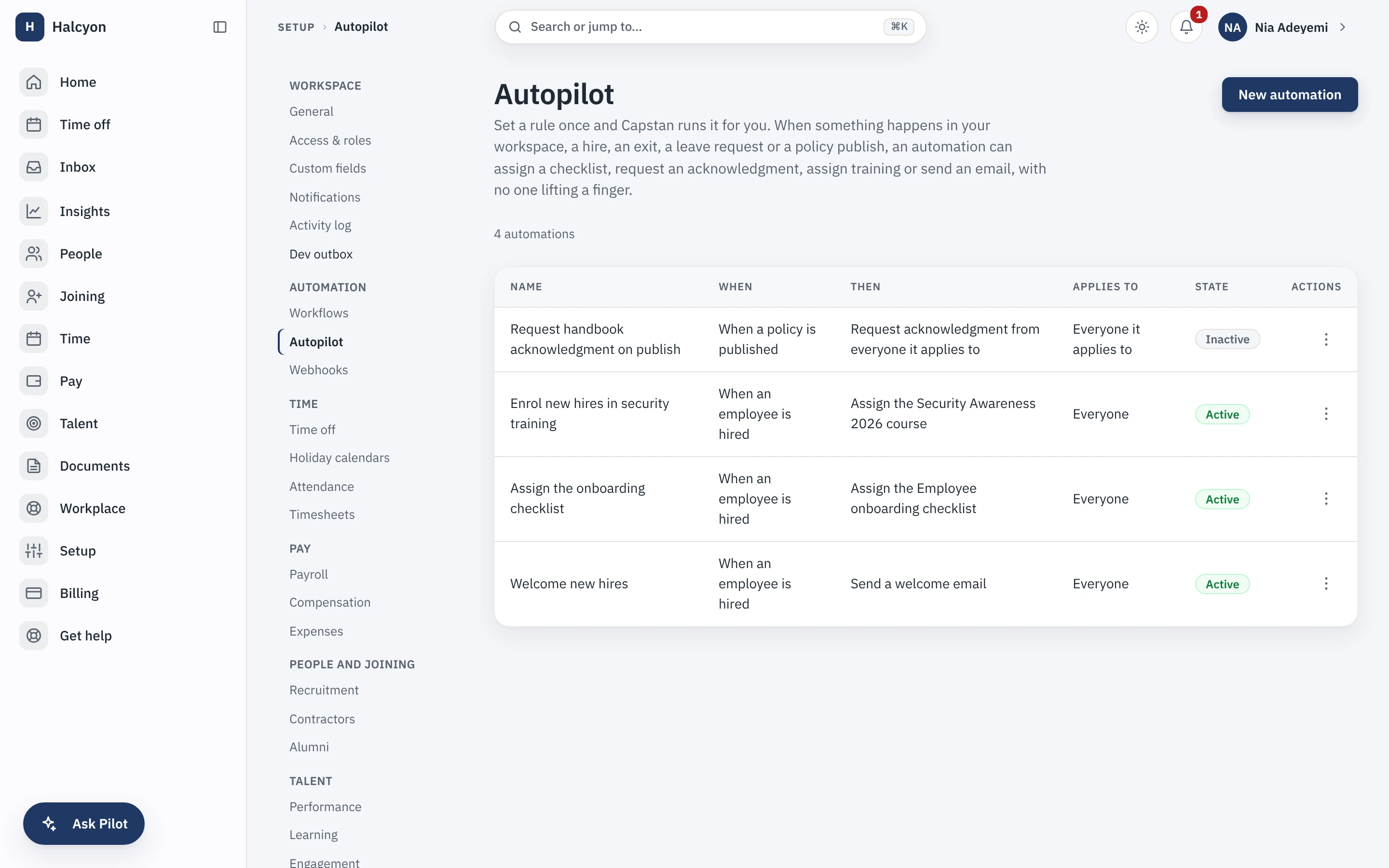 The Autopilot rules list: welcome new hires sends a welcome email, assign the onboarding checklist on a hire, enrol new hires in security training, and request handbook acknowledgment when a policy is published, each with the event that fires it and whether it is active
