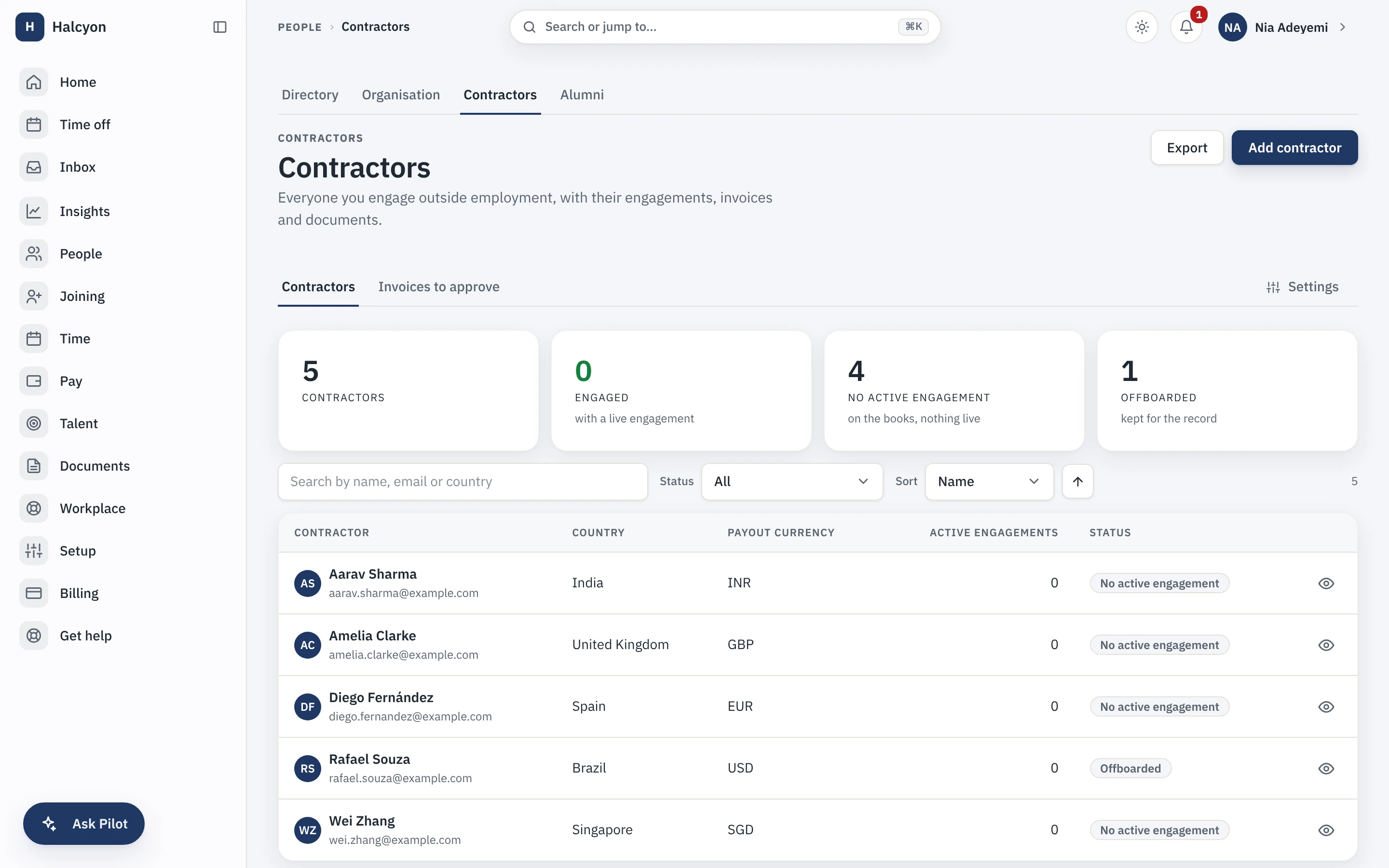 The contractor directory: country, payout currency and engagement status for every external worker, with an India contractor billed in INR alongside the rest