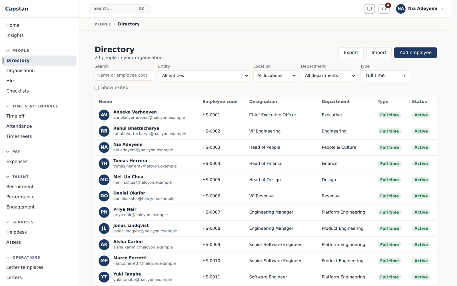 The directory every other screen reads from, filtered by entity, location and department