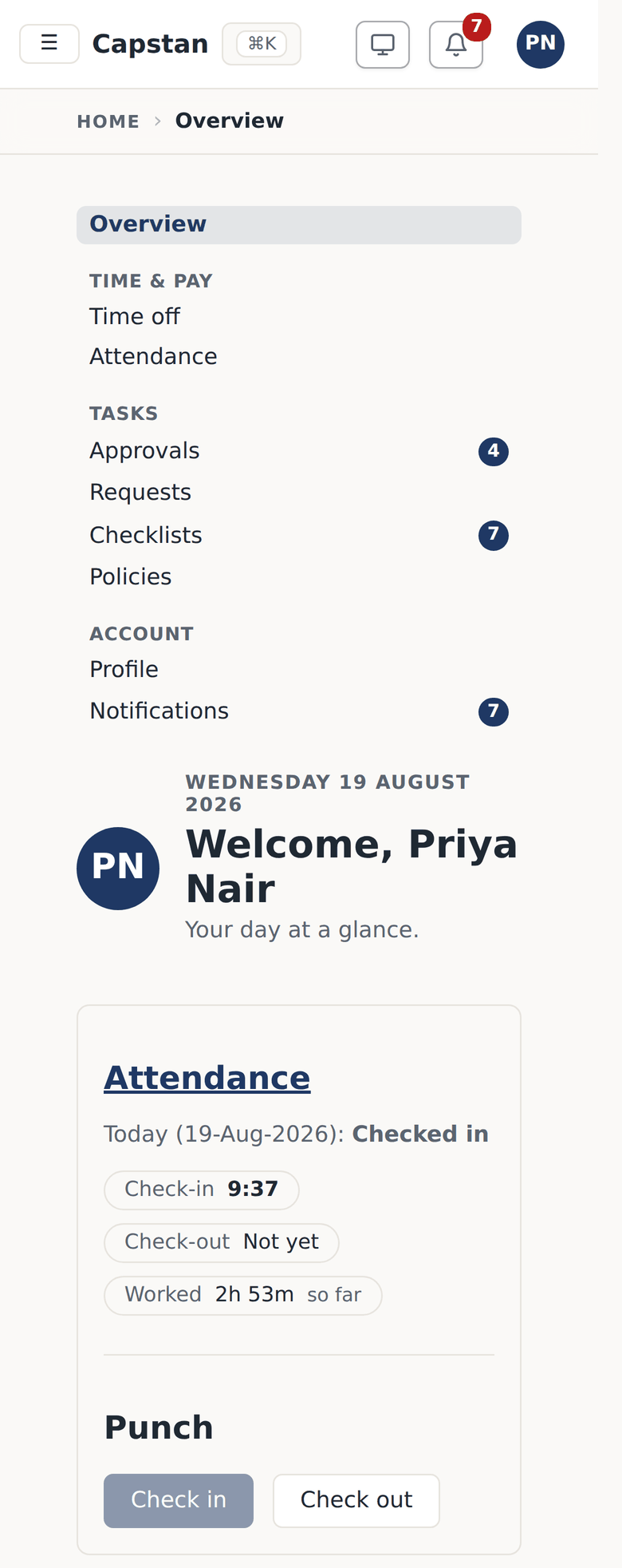 Self-service on a phone: the day at a glance, with attendance and a punch that works offline