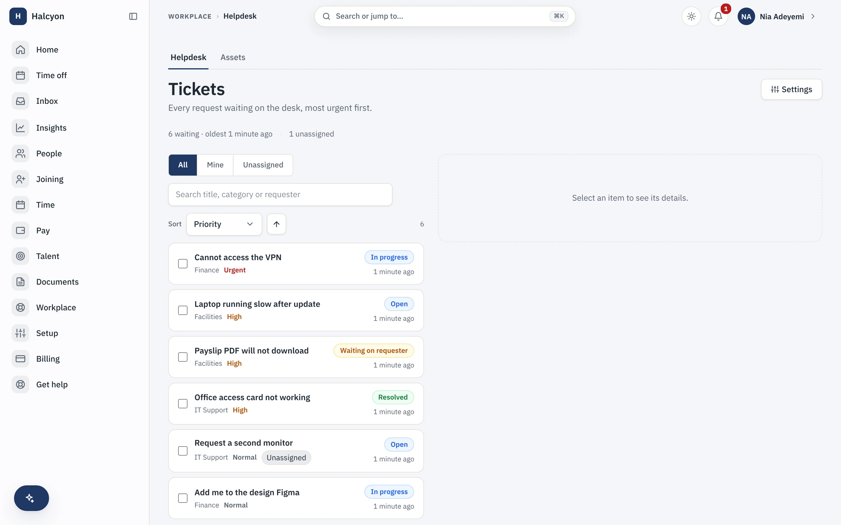 The helpdesk ticket queue, most urgent first, with category, priority and status on each ticket
