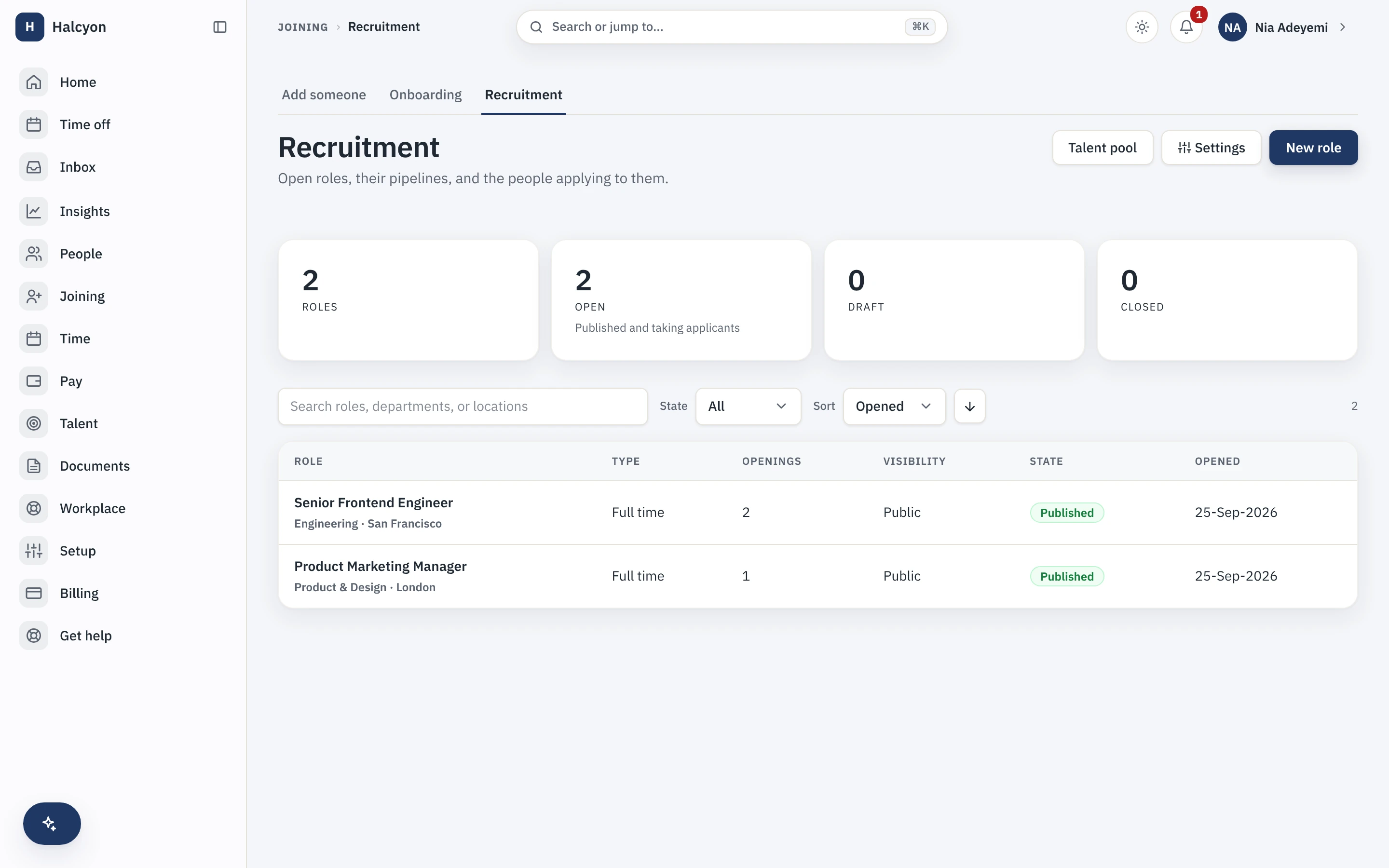 The recruitment directory listing open roles with their department, location, openings, visibility and state