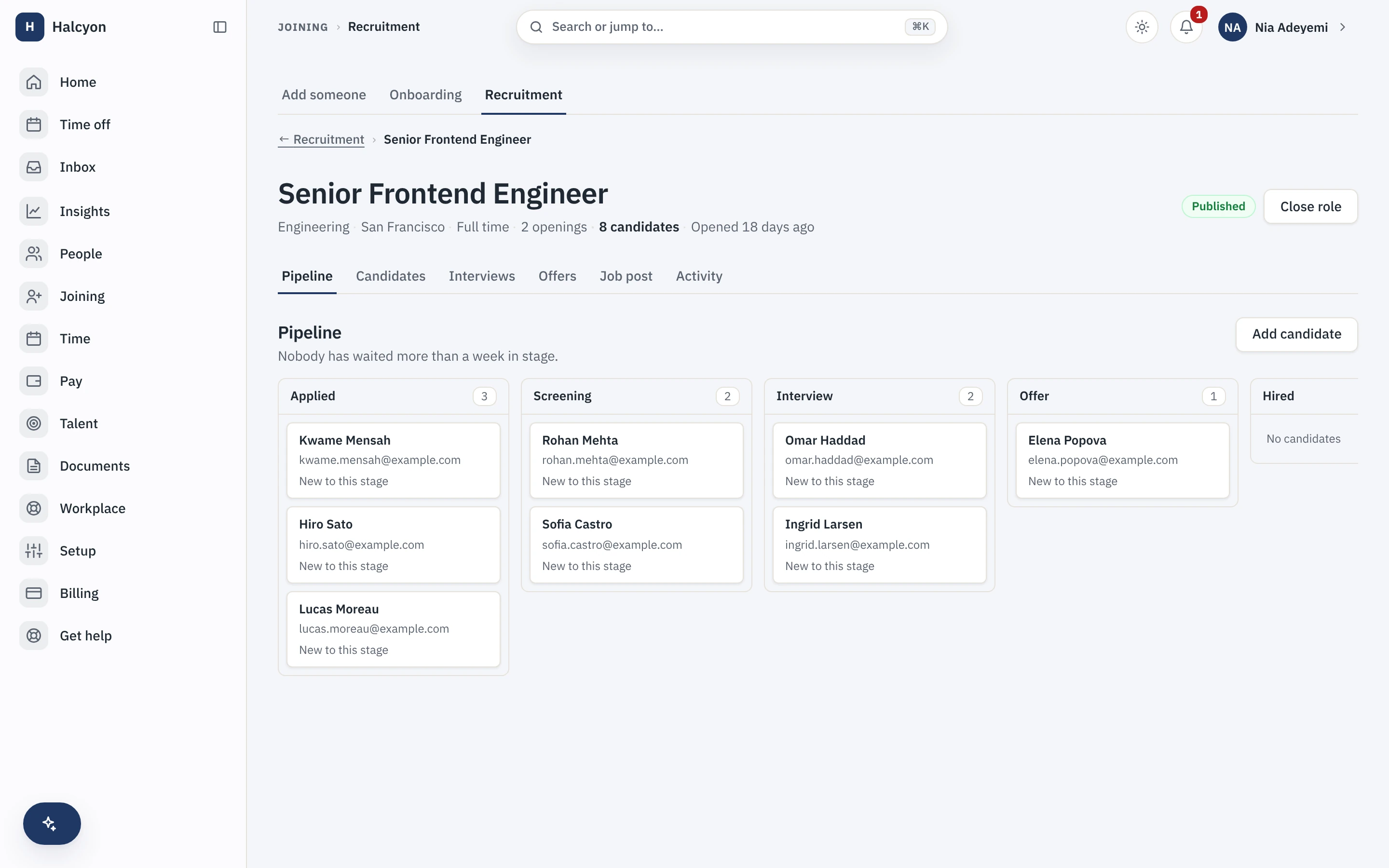 The hiring pipeline board with candidates moving across applied, screening, interview and offer for an open role