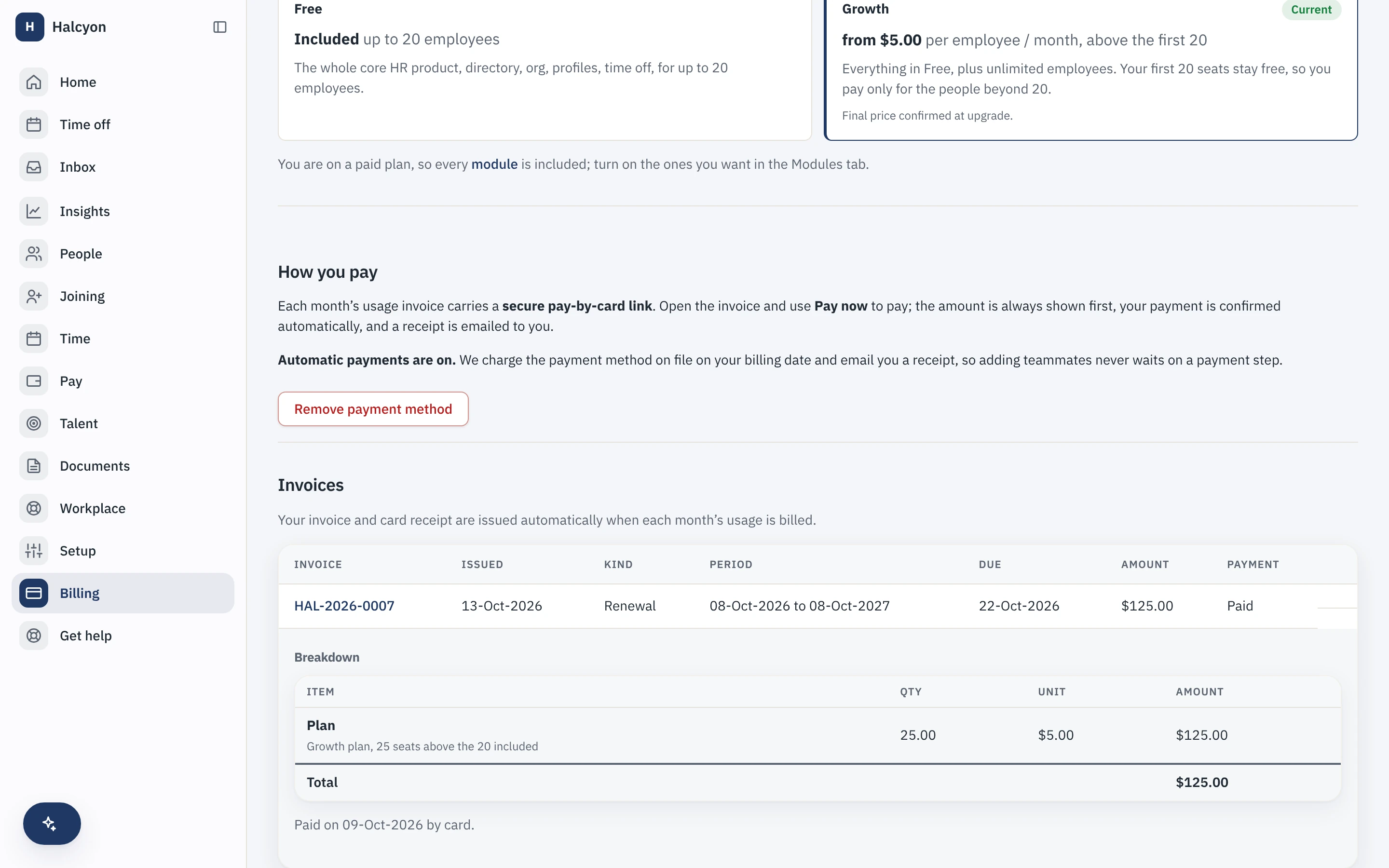 A workspace invoice: the per-seat plan charge, with every module listed at no charge