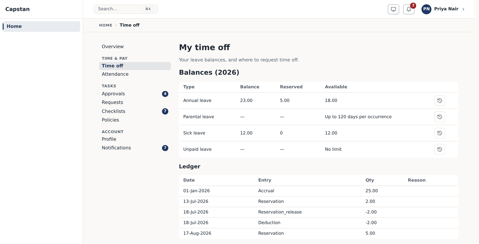 A leave balance with its ledger open: accrual, reservation, release and deduction, each dated