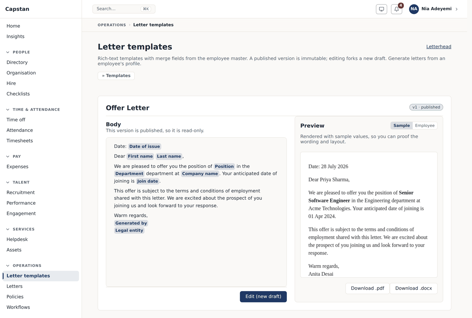 A letter template beside its rendered preview, with merge fields that reference real columns