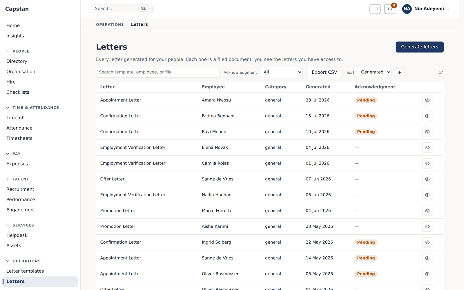 The letters register: every generated letter filed against the person it names, with the template it came from