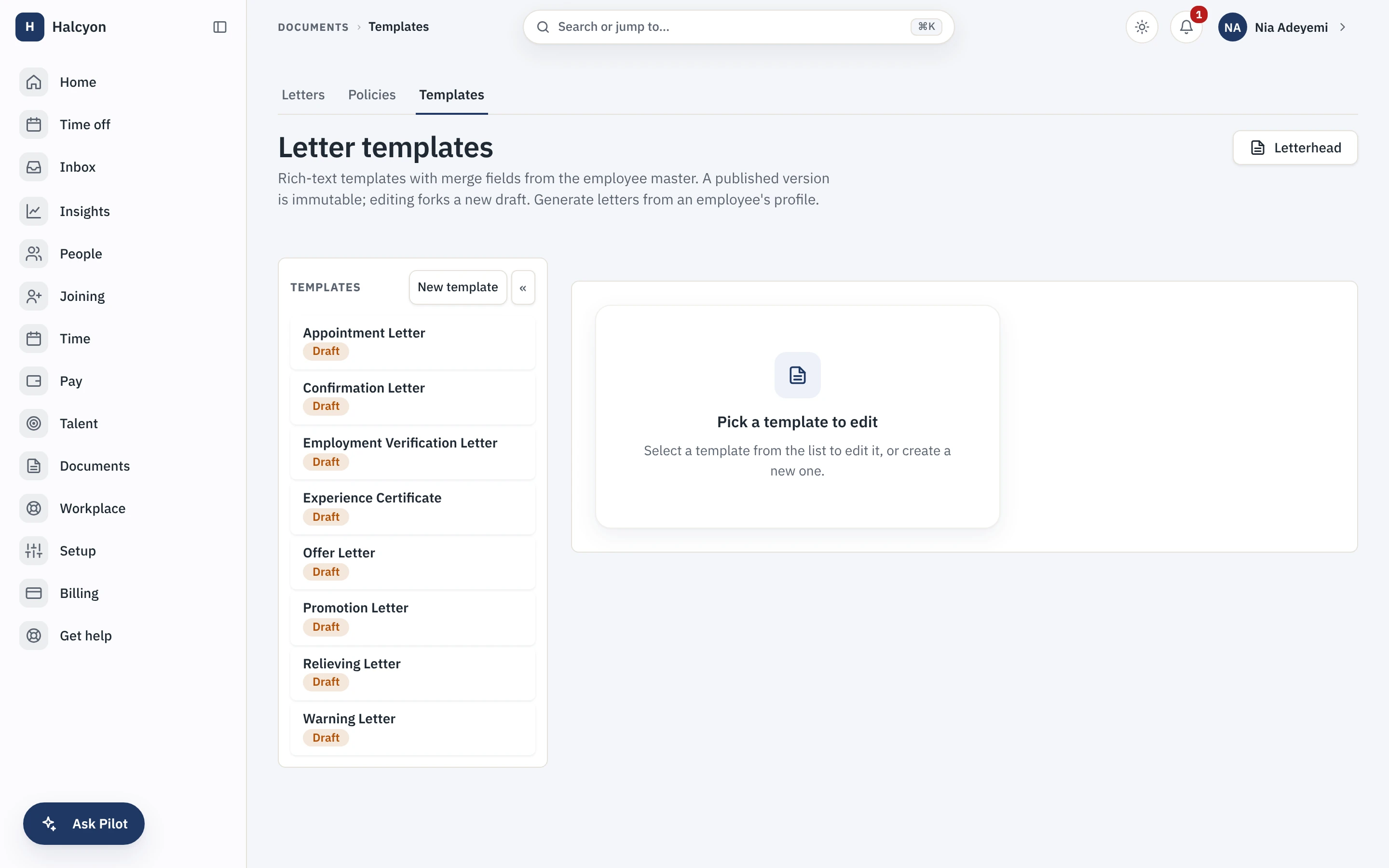 The letter-template library, offer, appointment, verification and more, each built from merge fields that read the employee record