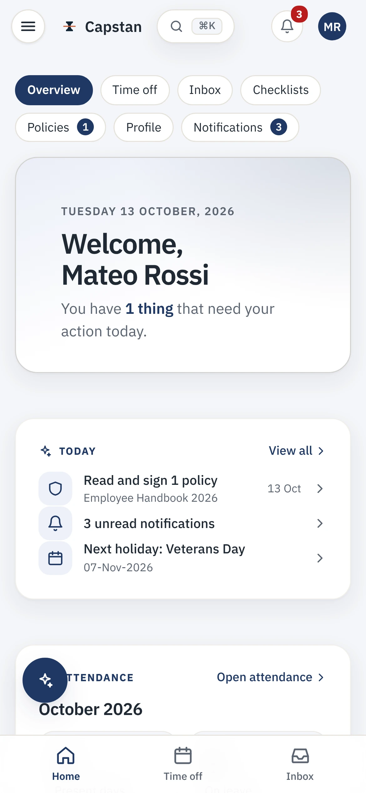 The employee app on a phone: a welcome, the checked-in state with hours worked so far, and today's tasks