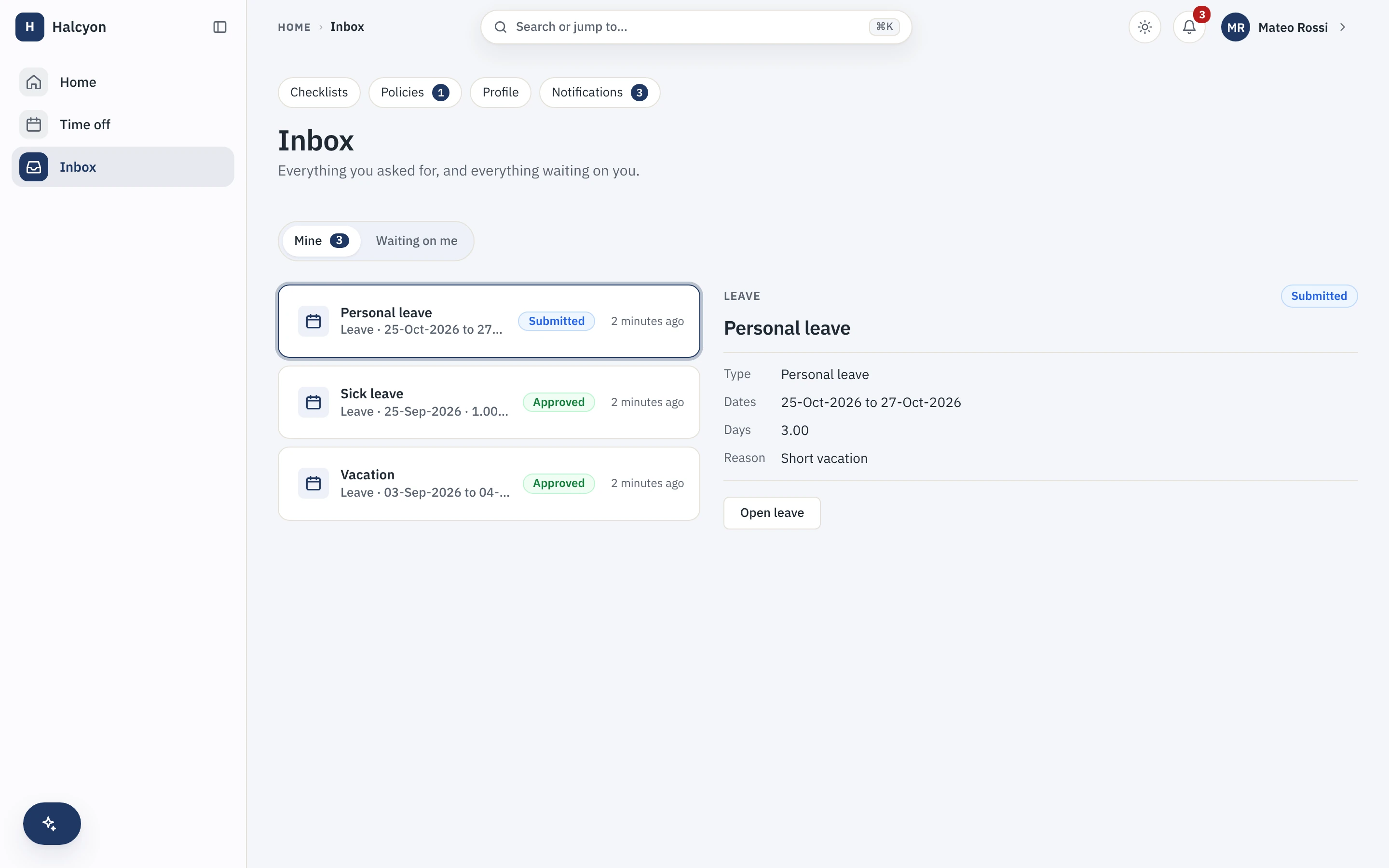 The employee inbox showing their own requests, each with its type, dates and approval status