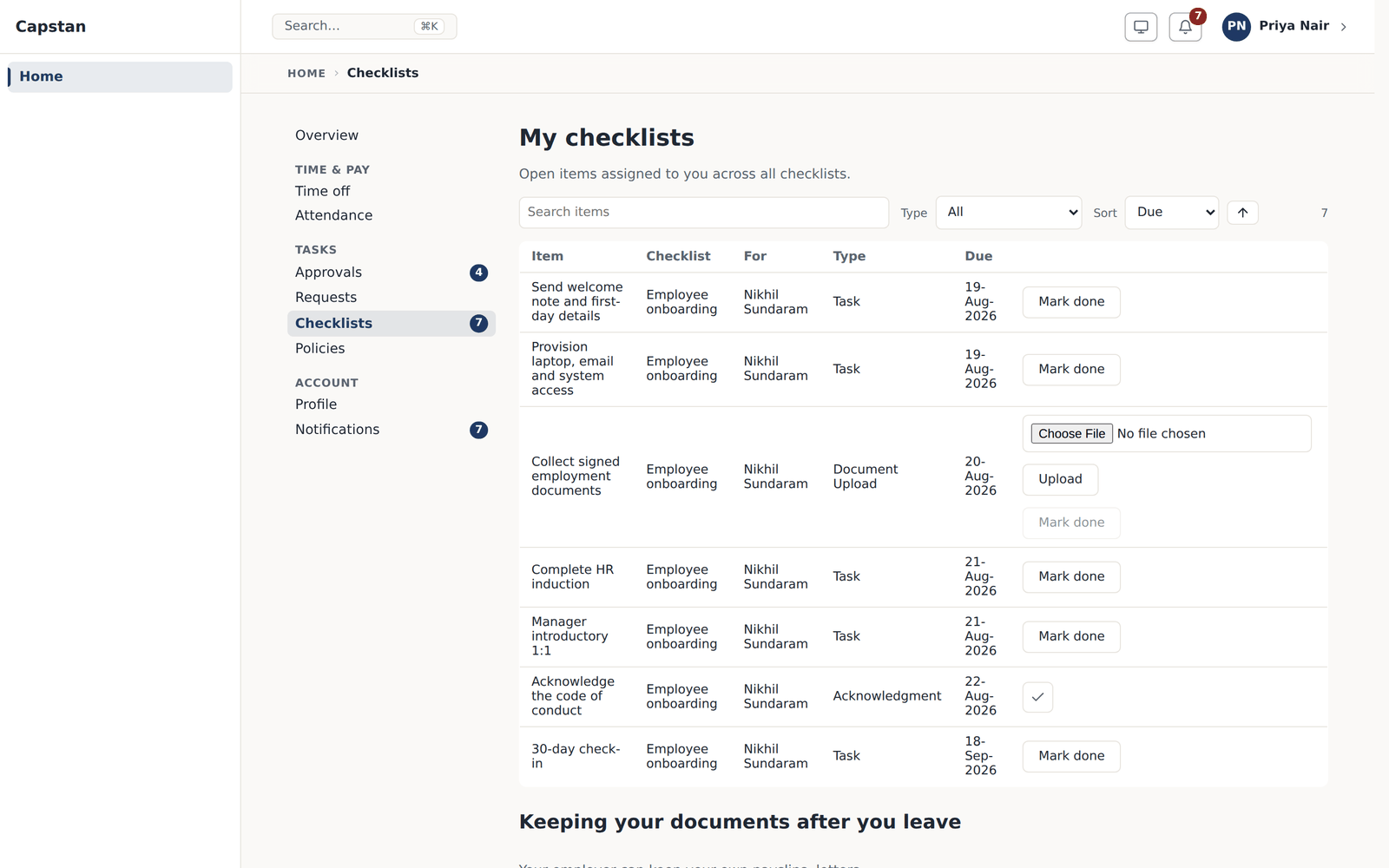 An onboarding checklist running against a real pre-joiner, with owners and due dates