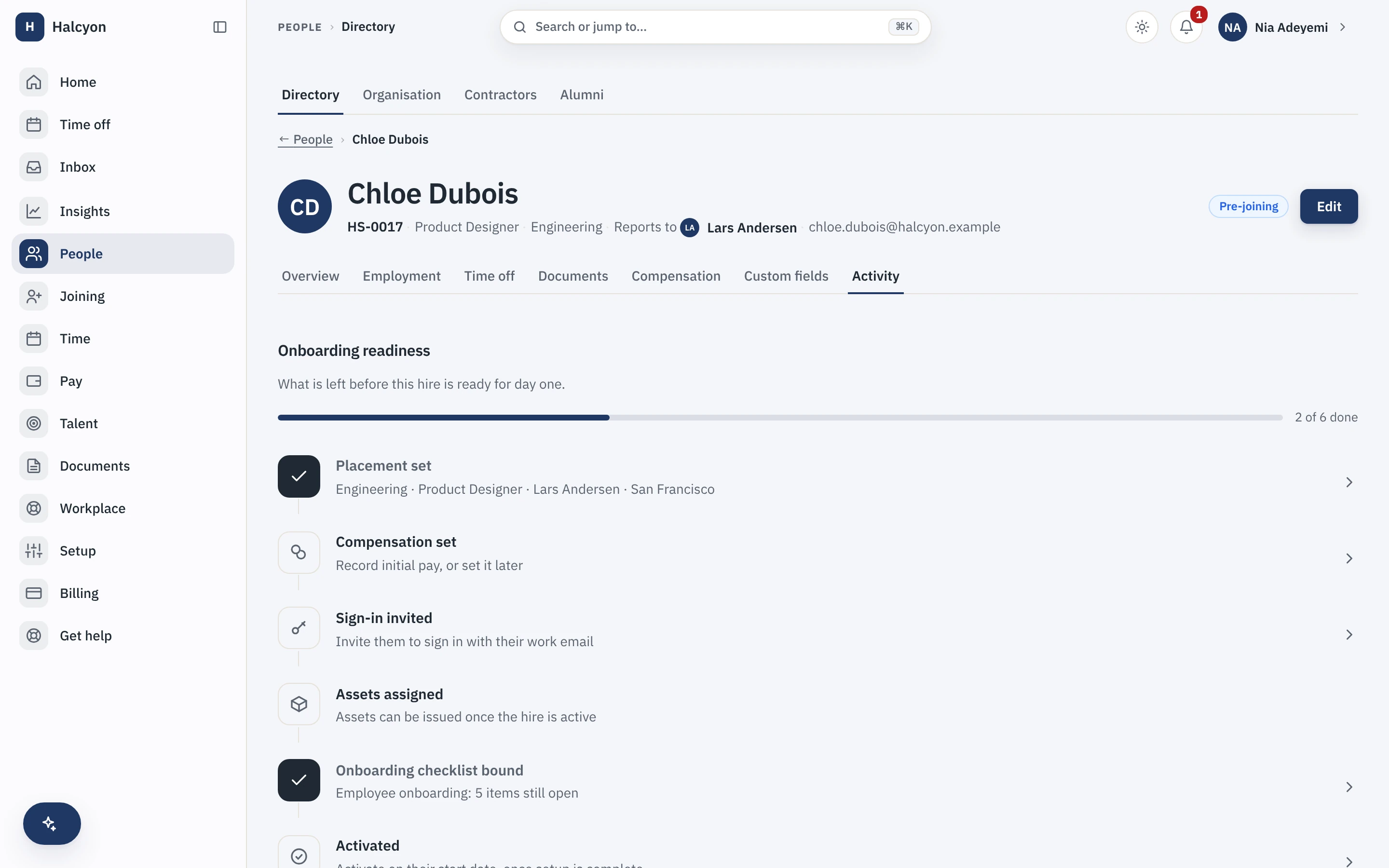 Onboarding readiness for a real pre-joiner, tracking what is left before day one against a live checklist