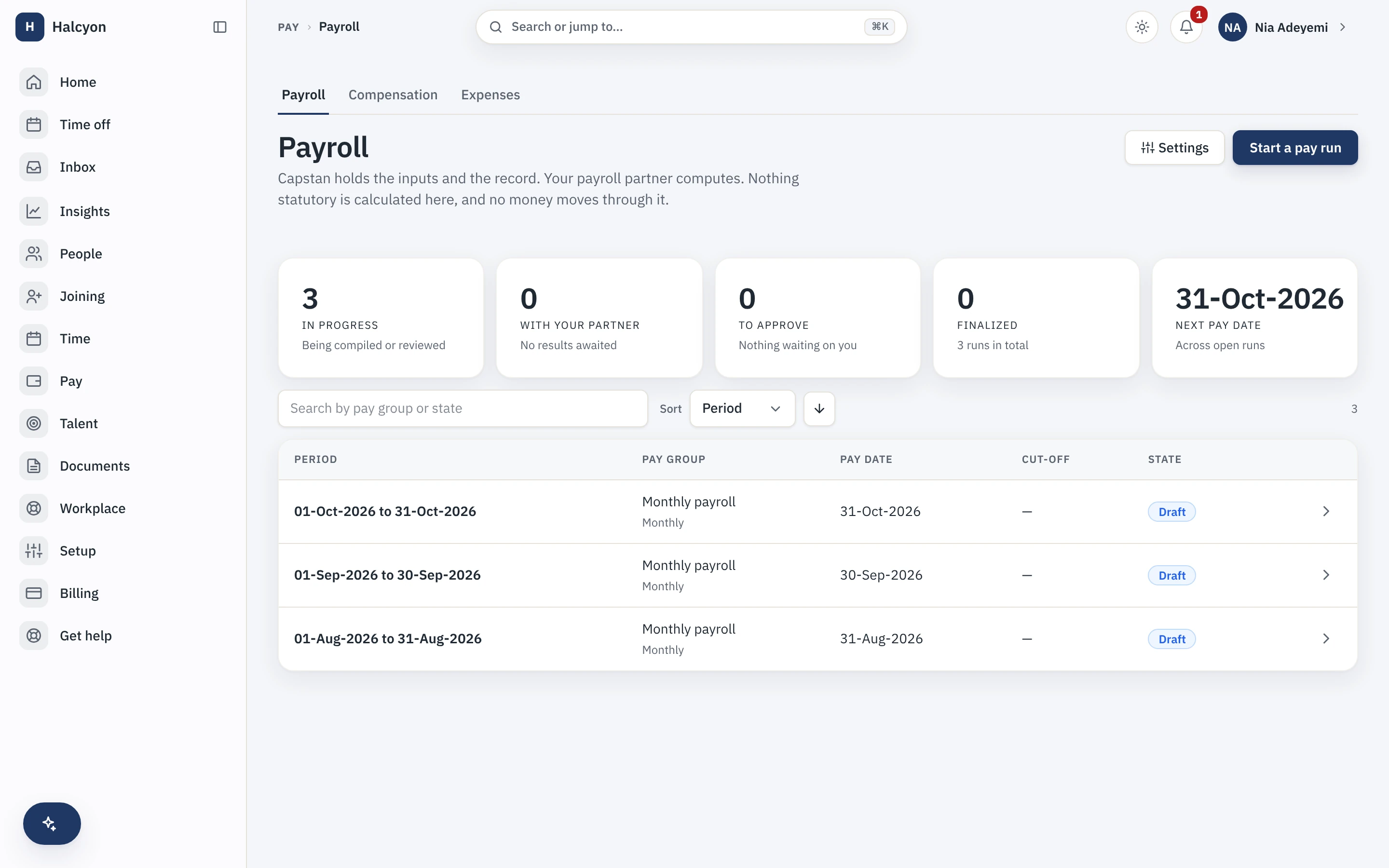 The payroll run pipeline with tiles for in progress, with your partner, to approve and finalized, and each monthly run with its period and pay date