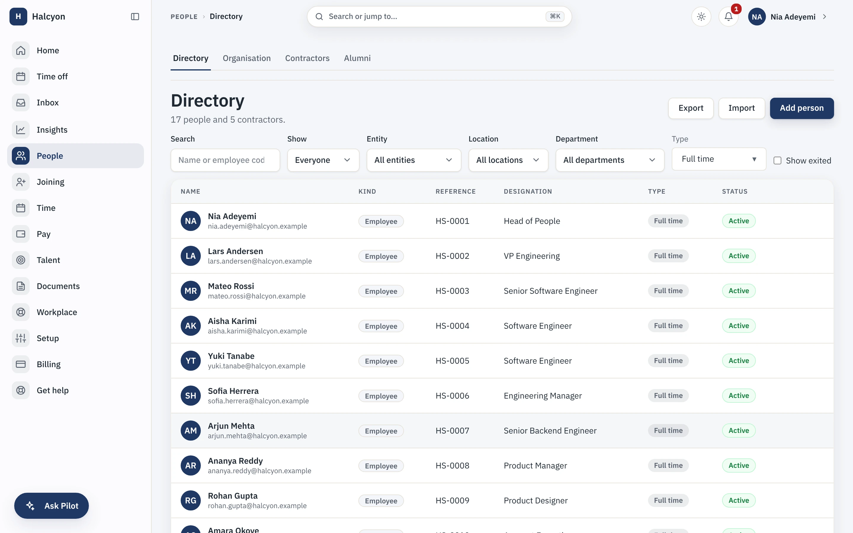 The people directory, filtered by entity, location and department, with employees and contractors in one list