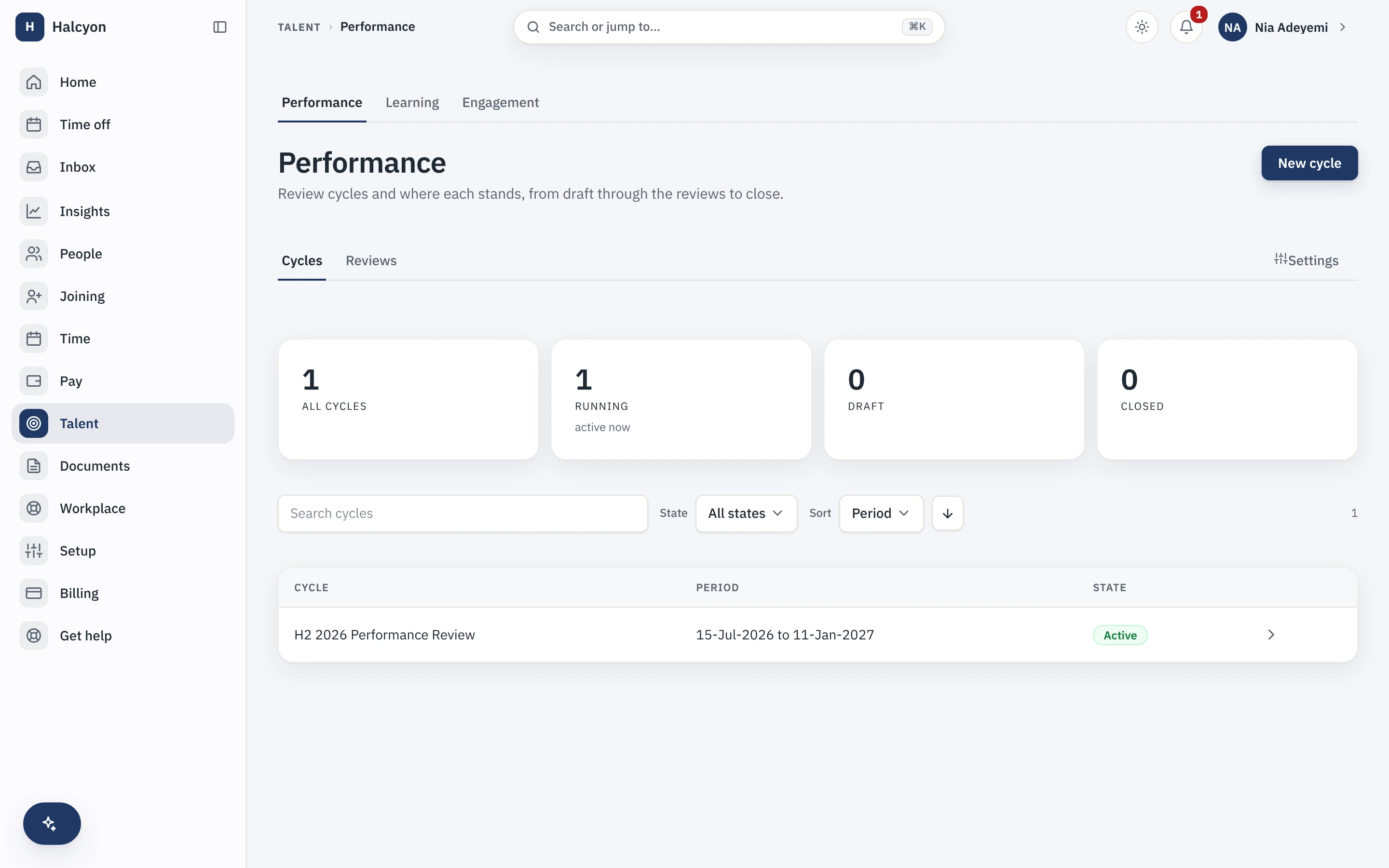 Performance review cycles and where each stands, with an active half-year cycle and its progress