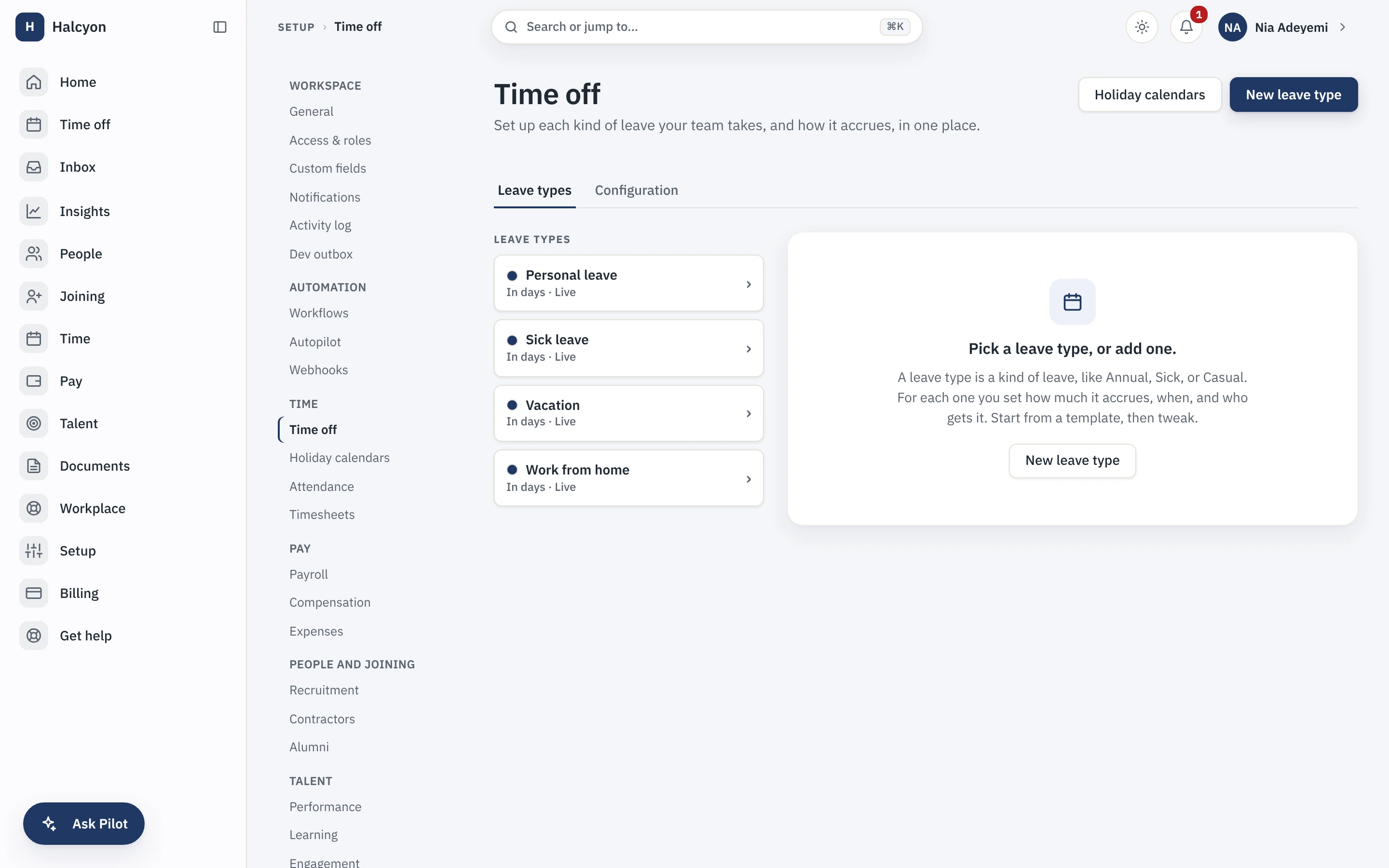 The leave setup screen listing each leave type, vacation, sick leave, personal leave and work from home, and how each one accrues