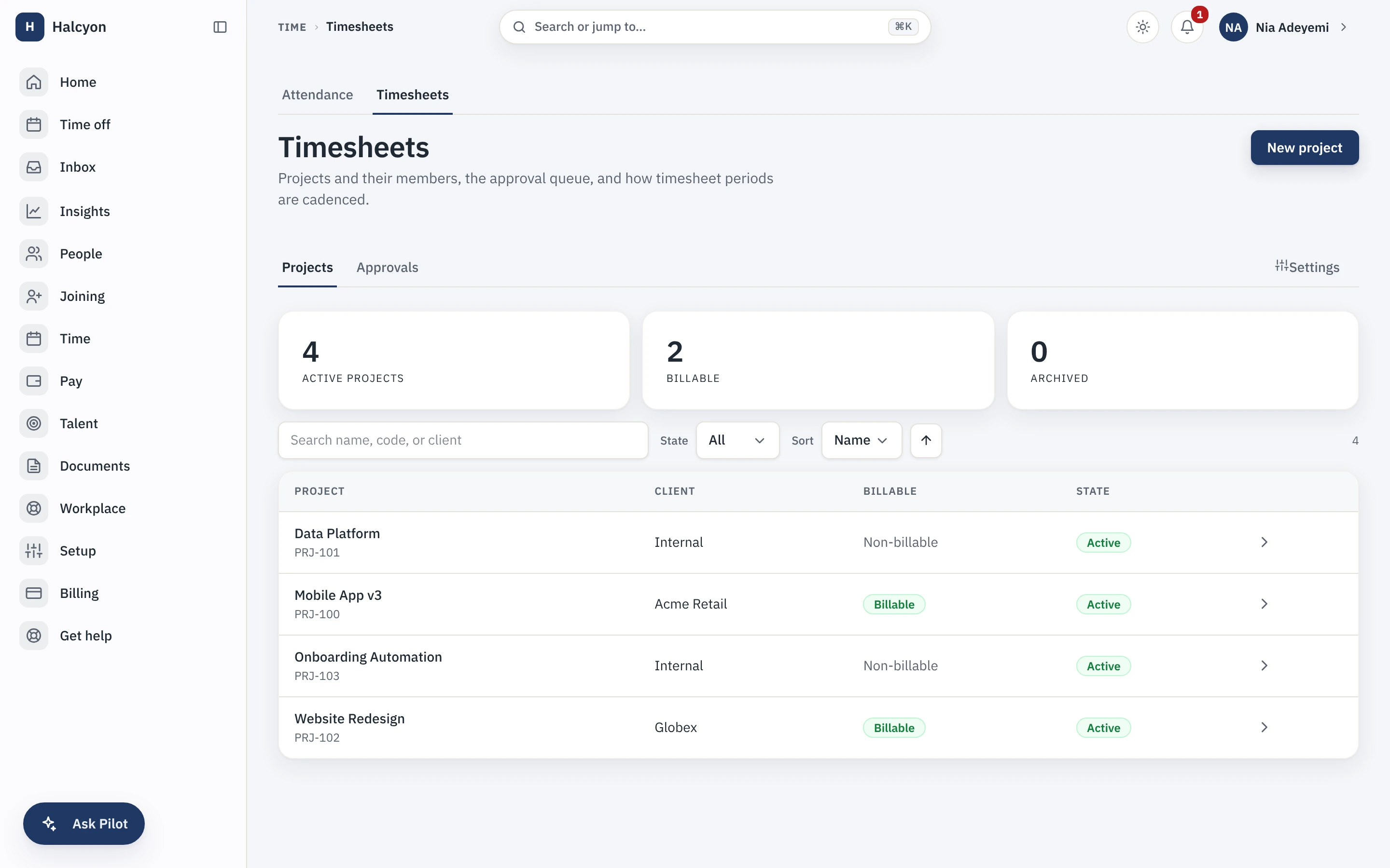 Projects with their client and billable status, alongside the timesheet approval queue