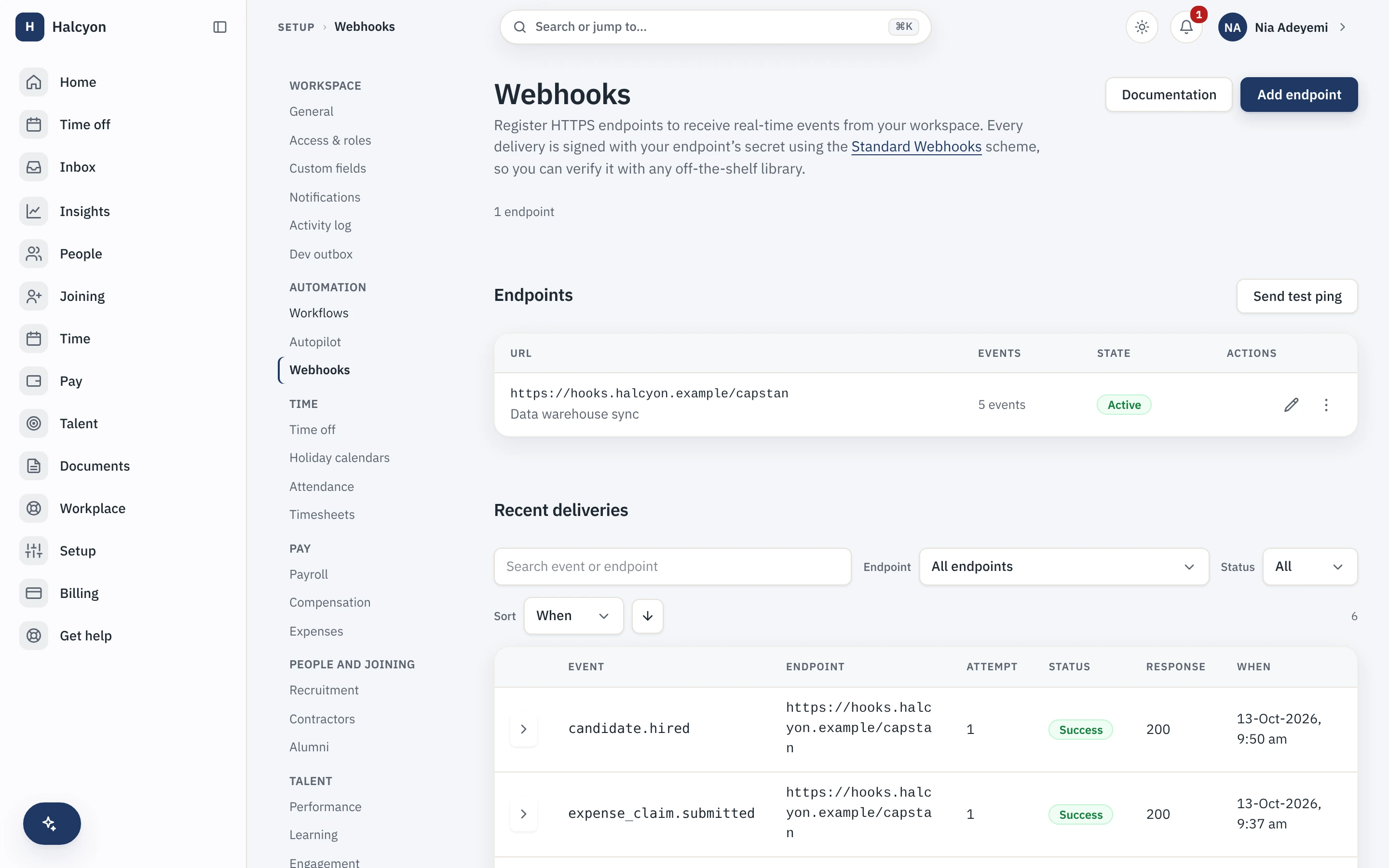 The per-attempt delivery log: every webhook with its attempts, status and redelivery, filterable by endpoint and status