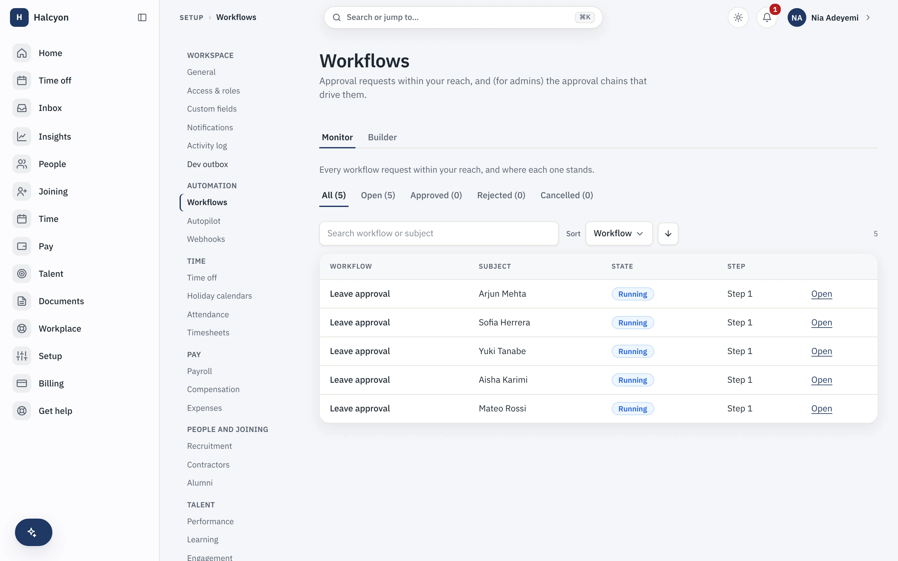 The workflow monitor listing live leave-approval requests, each with its subject, state and the step it is on